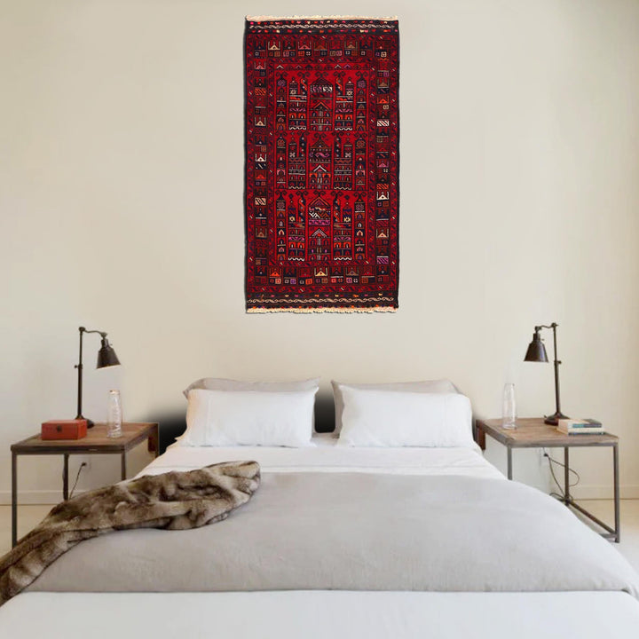 Red Afghan Prayer Rug 2' 6" x 4' 8" Hand-Knotted texture