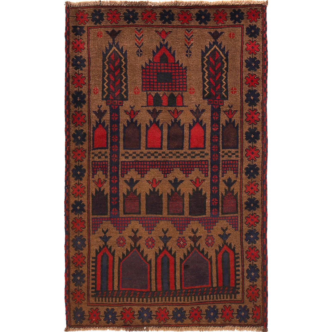 Brown Afghan Prayer Rug 2' 11" x 4' 9" Hand-Knotted