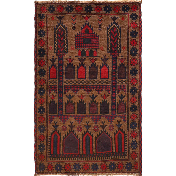 Brown Afghan Prayer Rug 2' 11" x 4' 9" Hand-Knotted