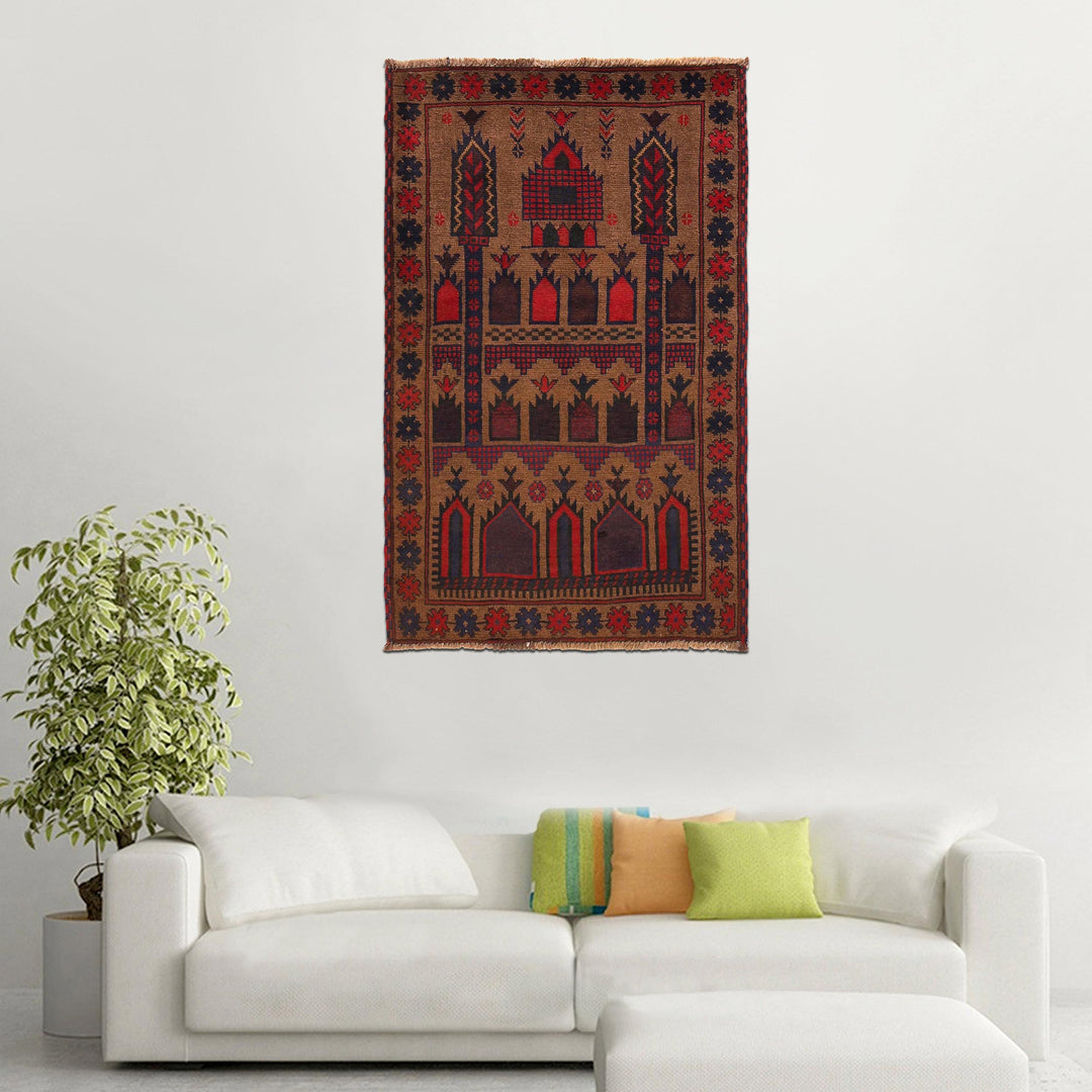 Brown Afghan Prayer Rug 2' 11" x 4' 9" Hand-Knotted texture