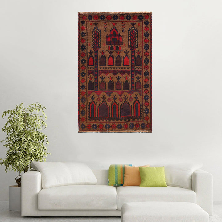 Brown Afghan Prayer Rug 2' 11" x 4' 9" Hand-Knotted texture