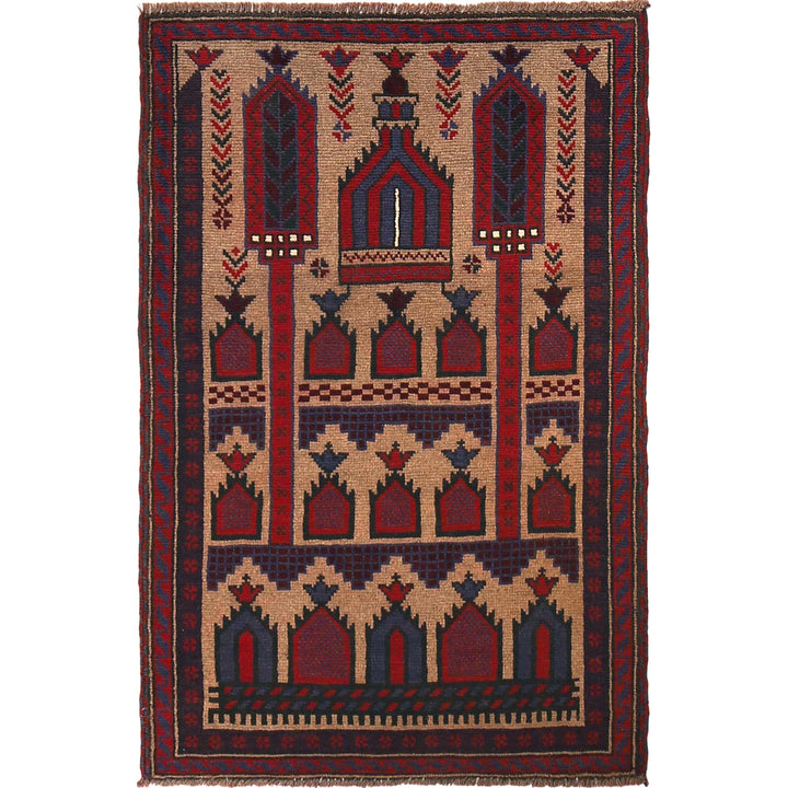 Beige Afghan Prayer Rug 2' 11" x 4' 6" Hand-Knotted