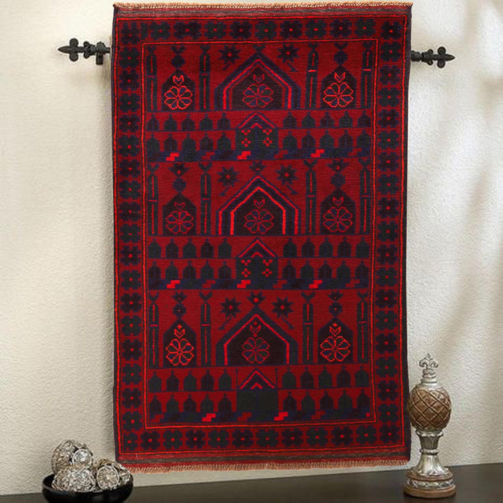Red Afghan Prayer Rug 3' 1" x 5' 1" Hand-Knotted texture