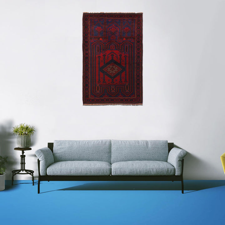 Afghan Prayer Rug 3' 2" x 4' 10" Hand-Knotted texture