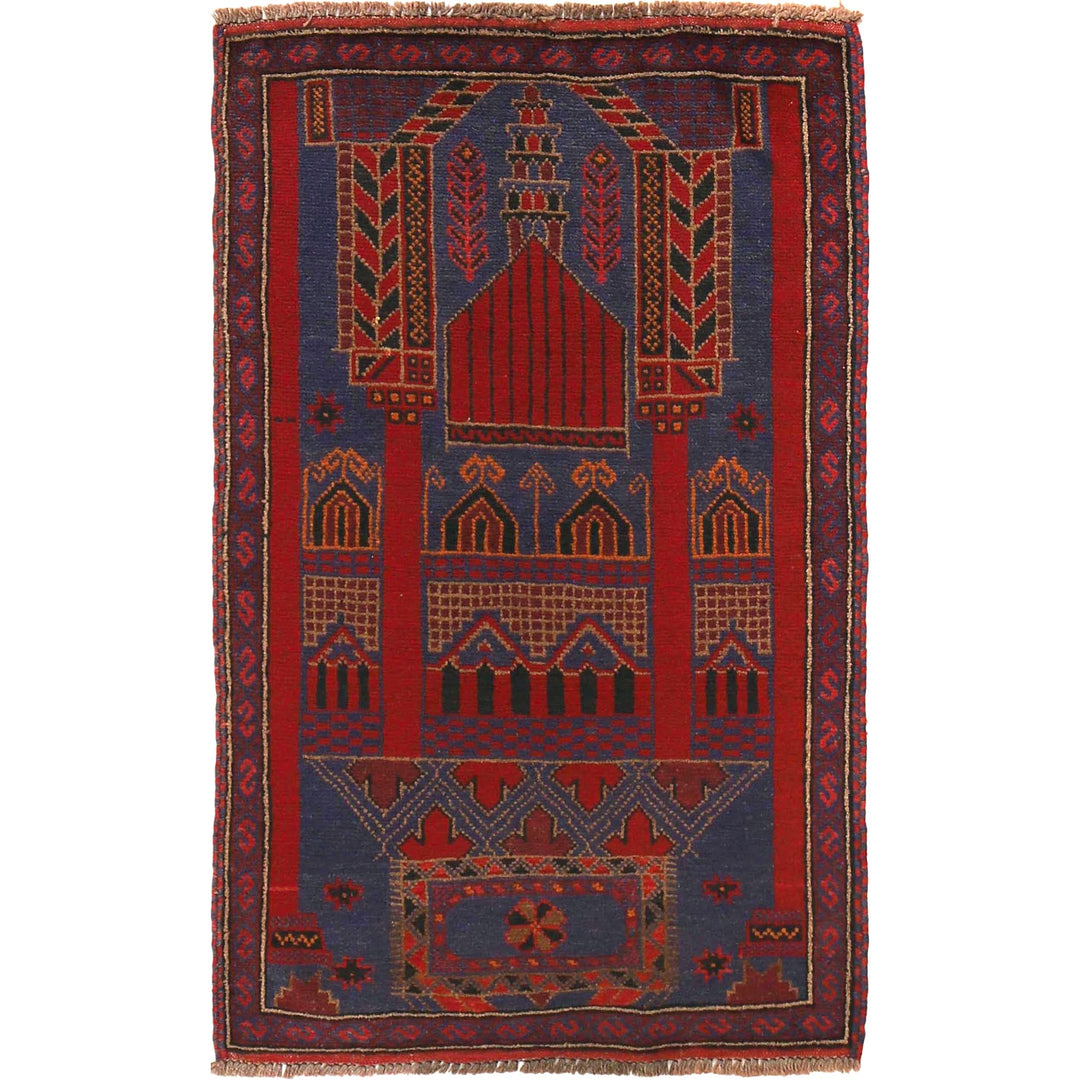 Blue Afghan Prayer Rug 2' 10" x 4' 7" Hand-Knotted