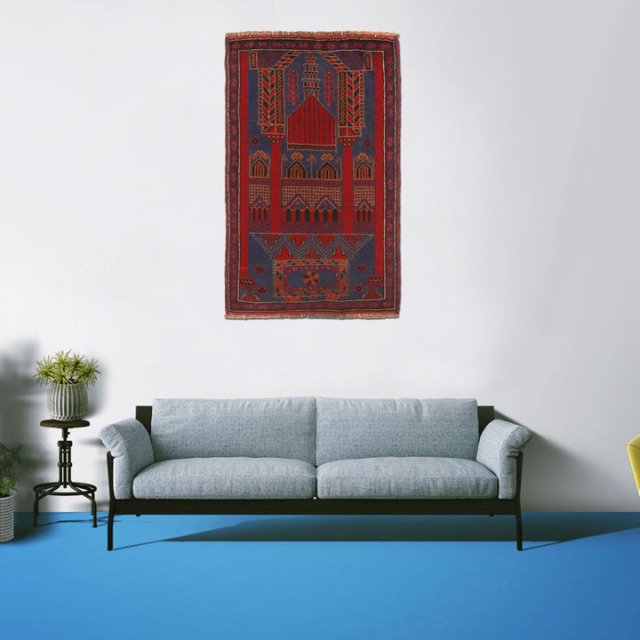 Blue Afghan Prayer Rug 2' 10" x 4' 7" Hand-Knotted texture