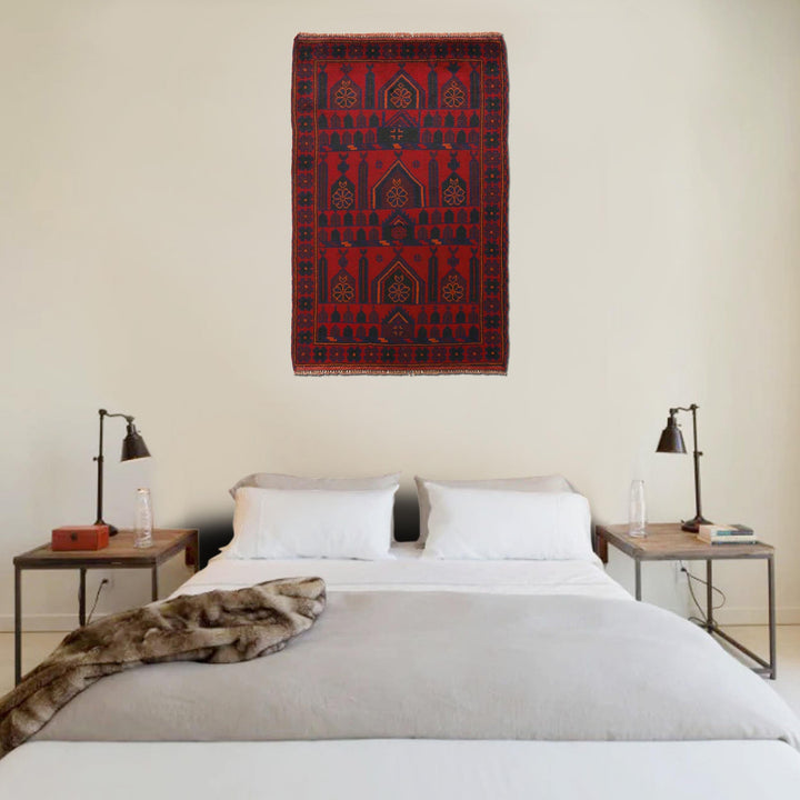 Red Afghan Prayer Rug 3' 0" x 4' 11" Hand-Knotted texture