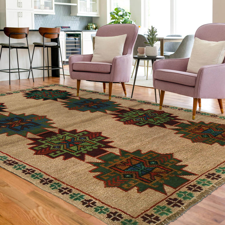 Tan Afghan Baluchi Rug 4' 0" x 6' 6" Hand-Knotted texture