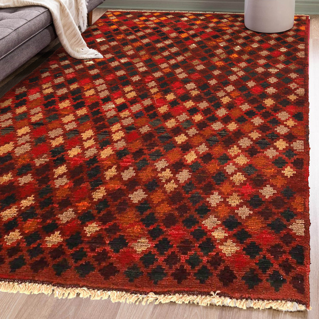 Red Afghan Baluchi Rug 3' 11" x 5' 5" Hand-Knotted texture