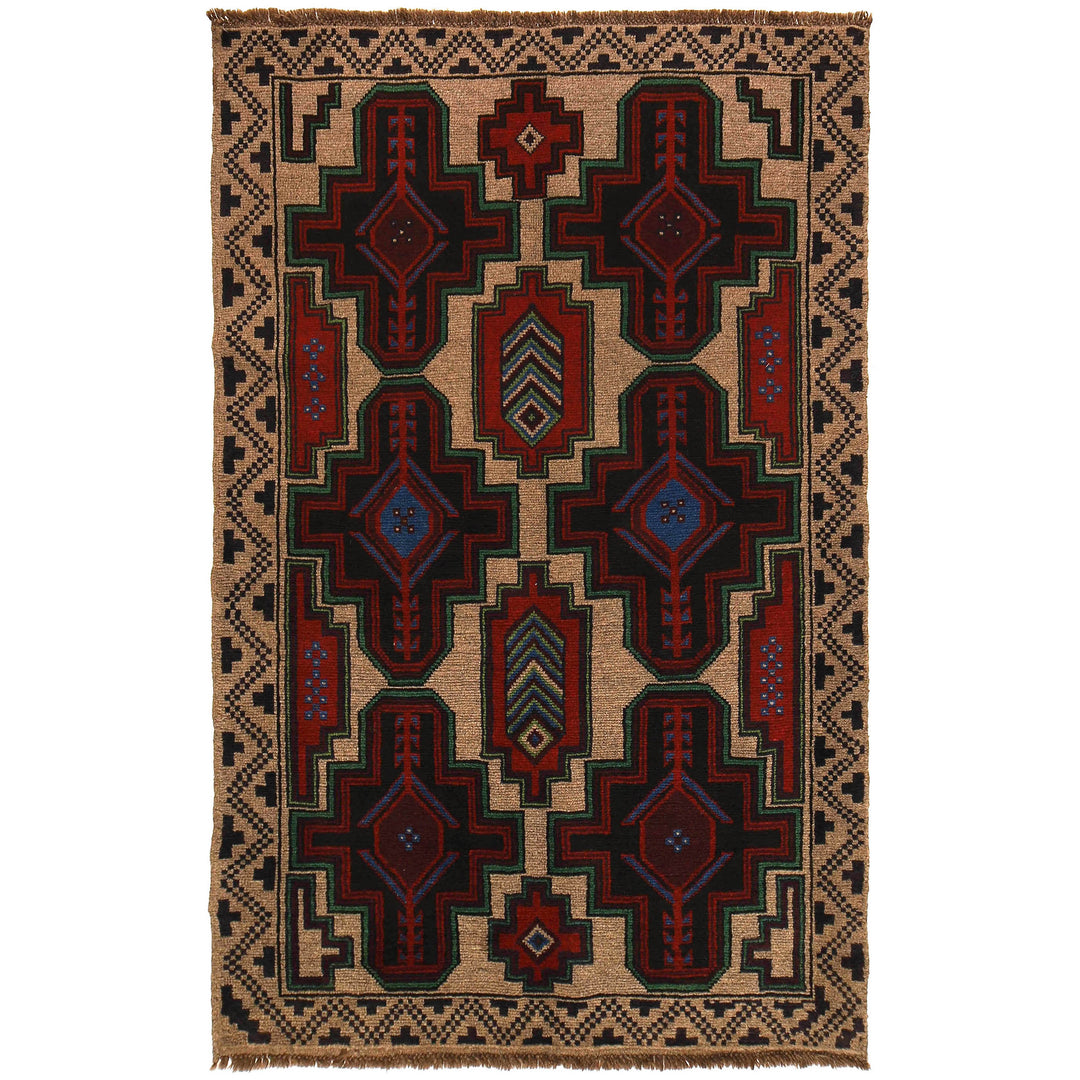 Tan Afghan Baluchi Rug 4' 1" x 6' 5" Hand-Knotted
