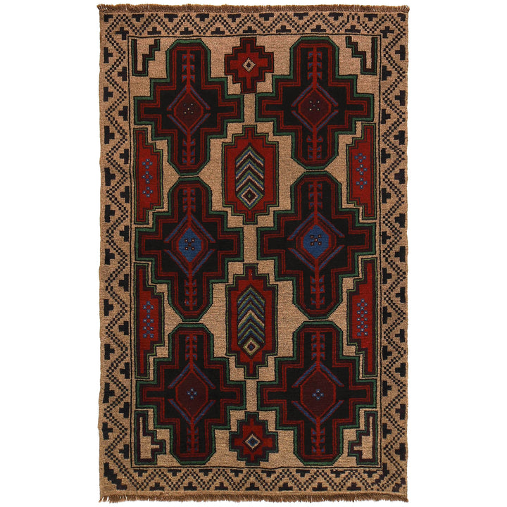 Tan Afghan Baluchi Rug 4' 1" x 6' 5" Hand-Knotted