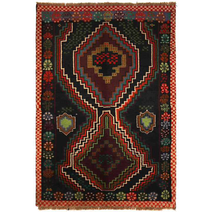 Black Afghan Baluchi Rug 4' 1" x 5' 11" Hand-Knotted