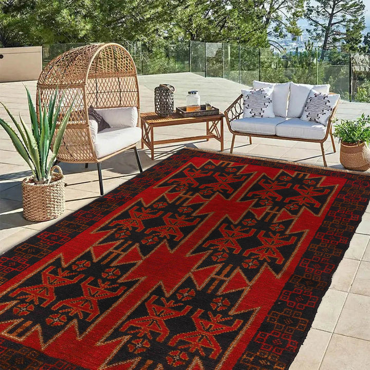 Red Afghan Baluchi Rug 3' 7" x 6' 2" Hand-Knotted texture
