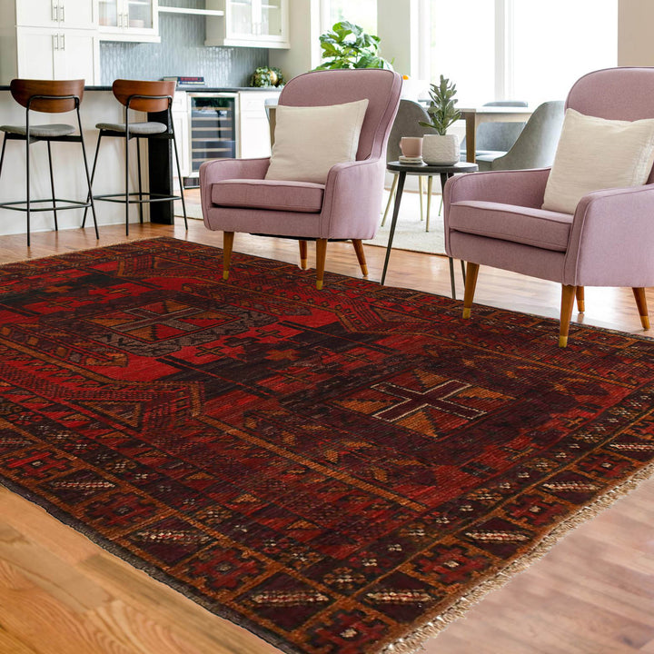Red Afghan Baluchi Rug 3' 9" x 5' 10" Hand-Knotted texture
