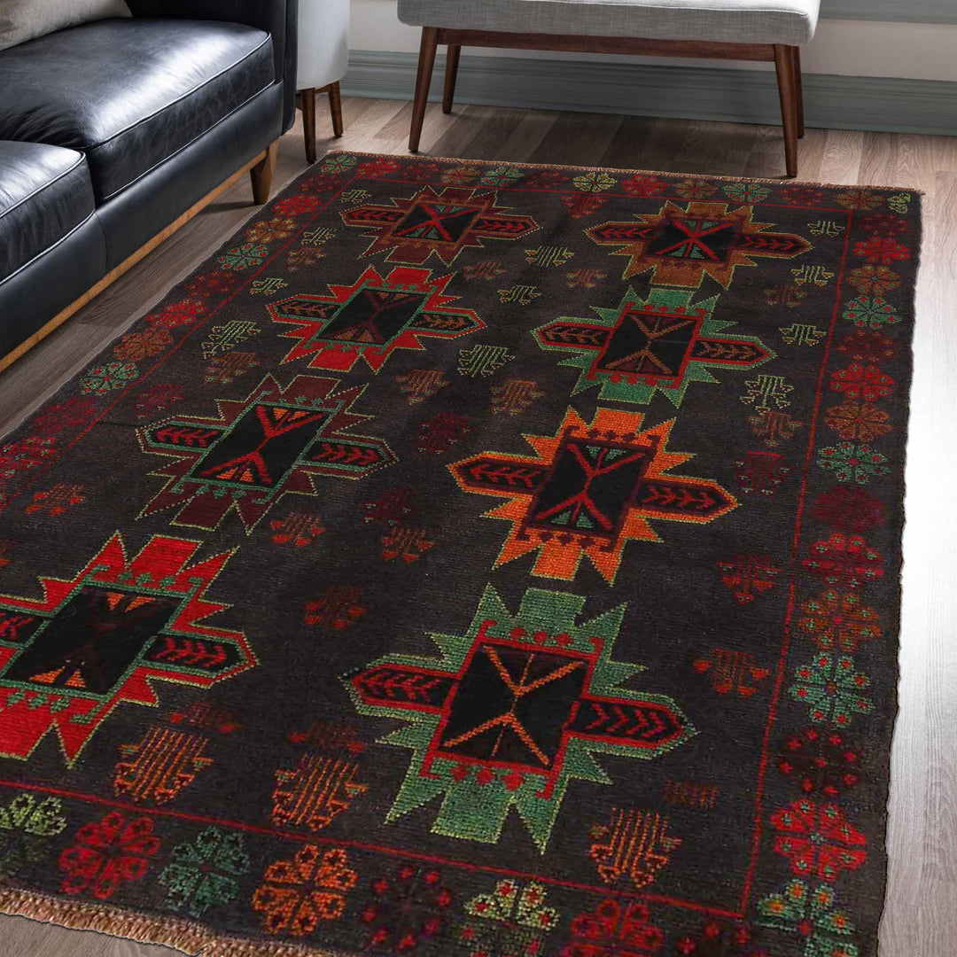 Black Afghan Baluchi Rug 3' 12" x 6' 2" Hand-Knotted texture
