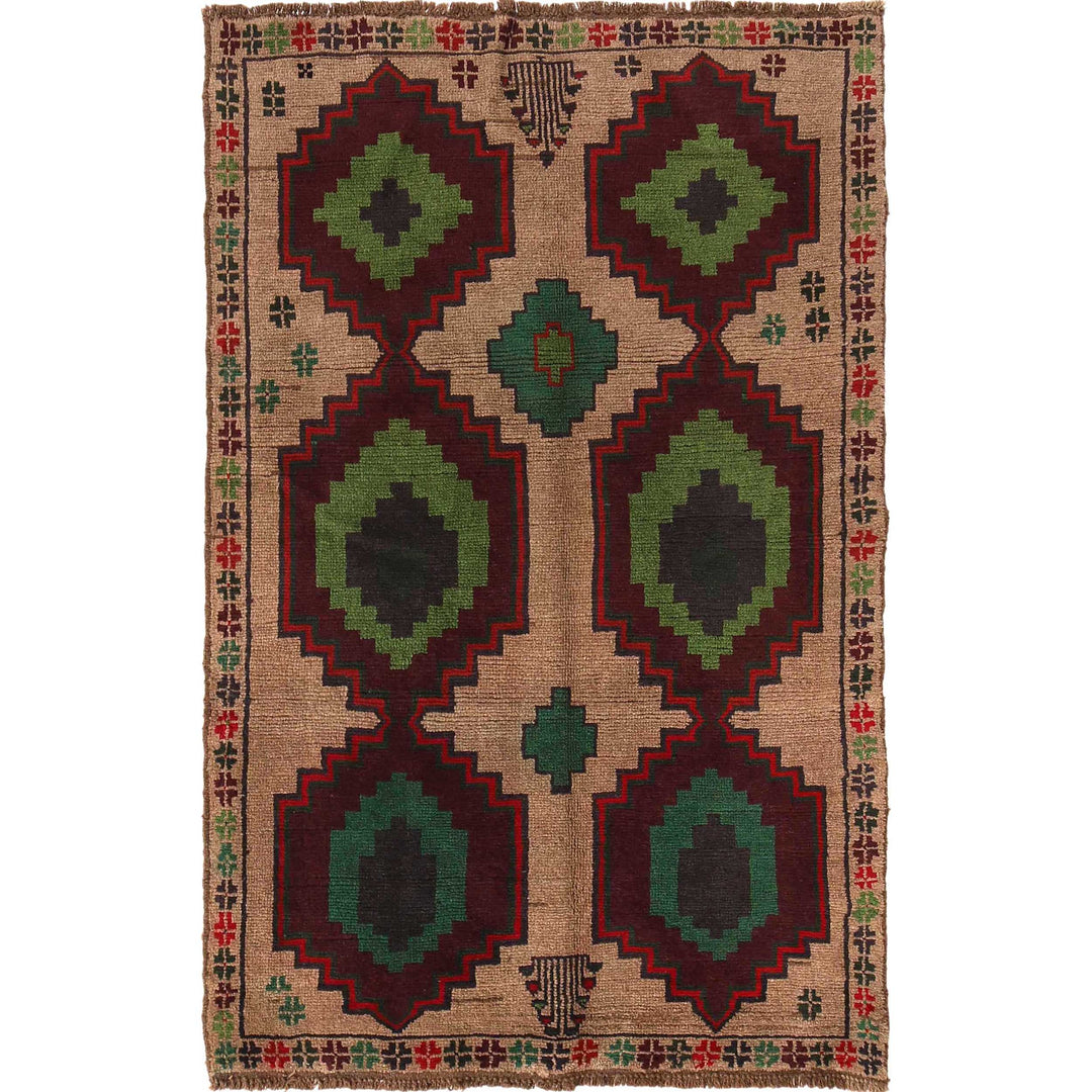 Tan Afghan Baluchi Rug 3' 11" x 6' 4" Hand-Knotted