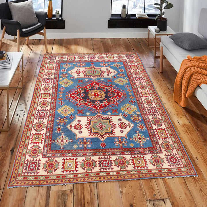 Blue Afghan Kazak Rug 4' 11" x 6' 7" Hand-Knotted | No. AL16673