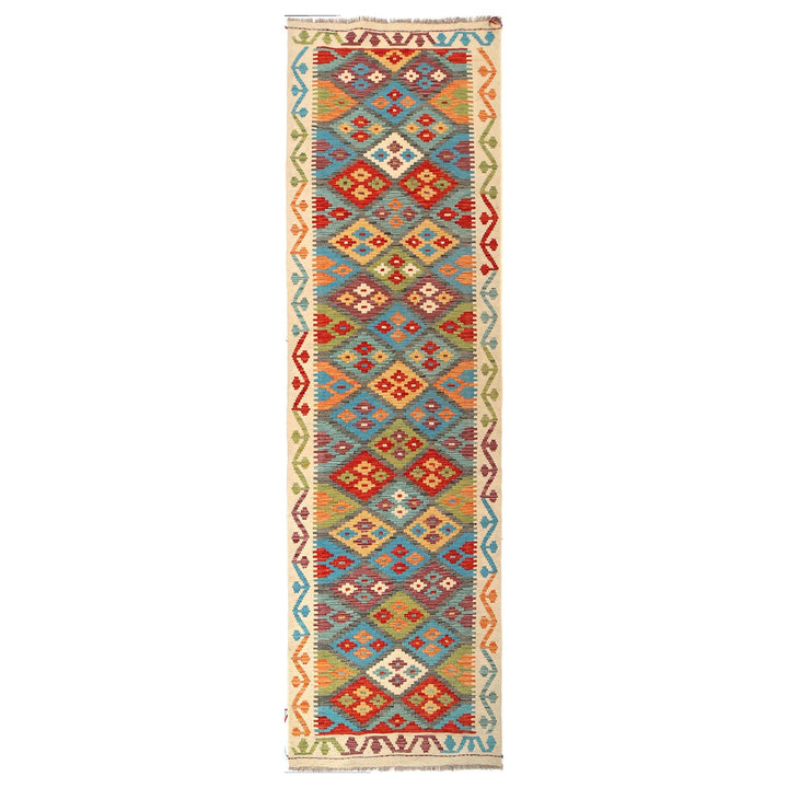 Colorful Flat-Weave Wool Kilim Runner 2' 9" x 9' 8" - No. AL39420