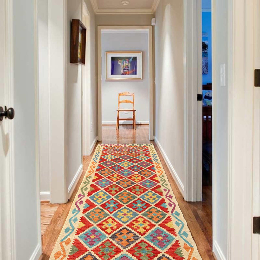 Colorful Flat-Weave Wool Kilim Runner 2' 11" x 9' 8" - No. AL37539