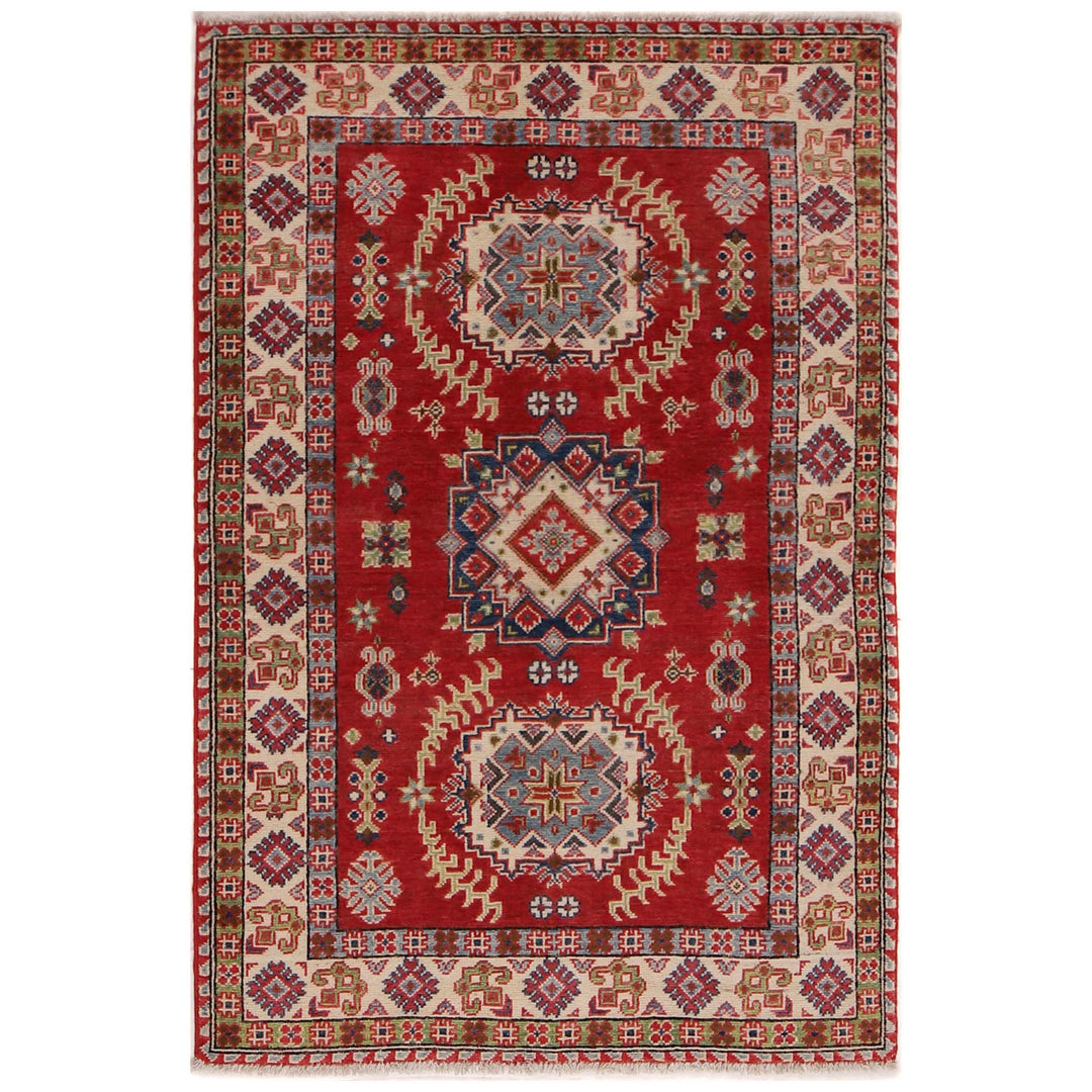 Red Afghan Kazak Rug 3' 2" x 4' 11" Hand-Knotted