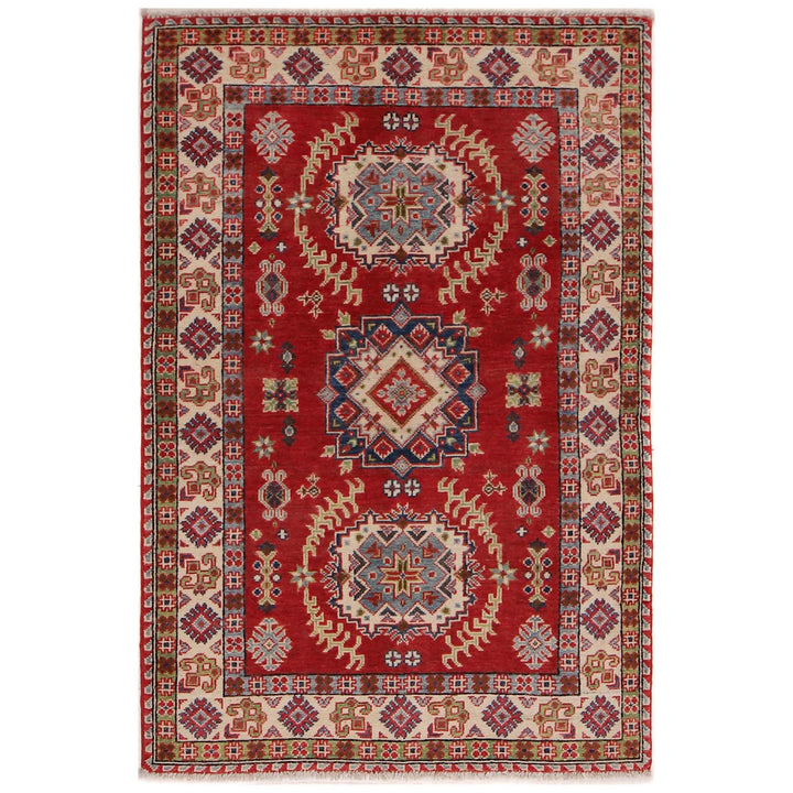 Red Afghan Kazak Rug 3' 2" x 4' 11" Hand-Knotted