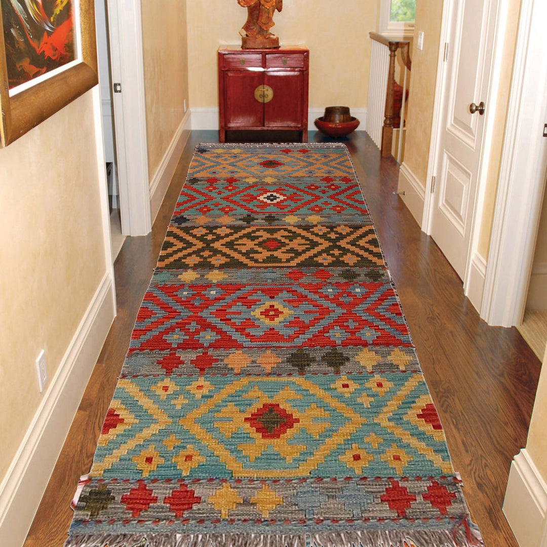 Colorful Flat-Weave Wool Kilim Runner 2' 4"x 6' 5" - No. AL27265