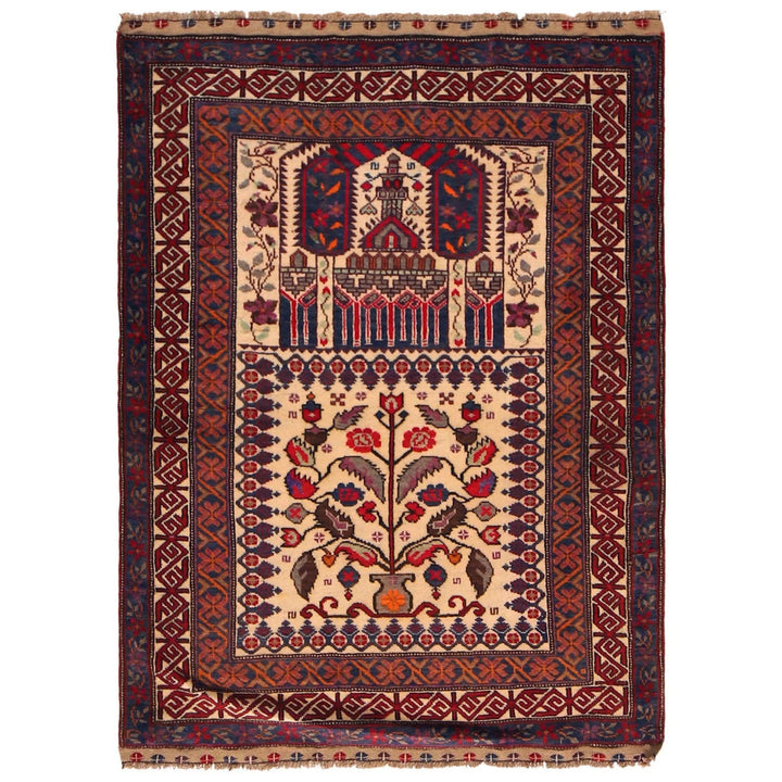 Beige Afghan Prayer Rug 3' 3" x 4' 4" Hand-Knotted