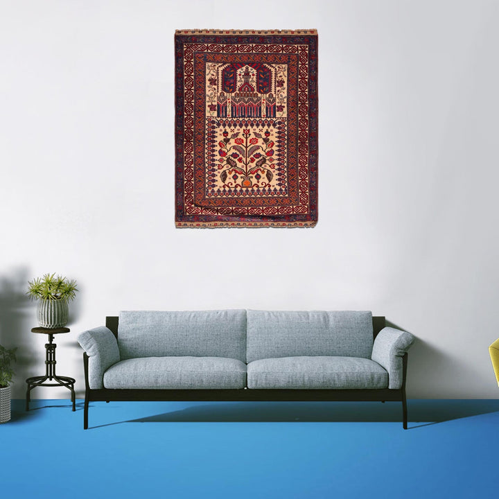 Beige Afghan Prayer Rug 3' 3" x 4' 4" Hand-Knotted view 9