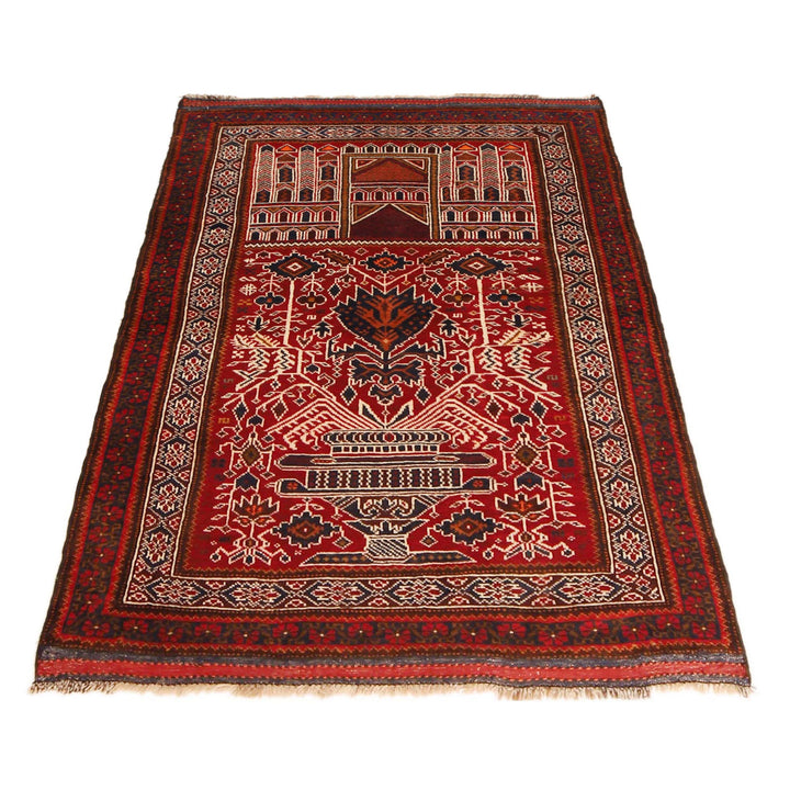 Red Afghan Prayer Rug 3' 4" x 4' 11" Hand-Knotted detail