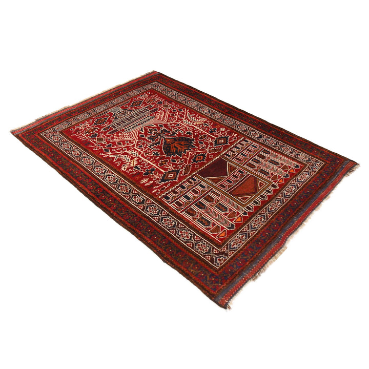 Red Afghan Prayer Rug 3' 4" x 4' 11" Hand-Knotted close-up