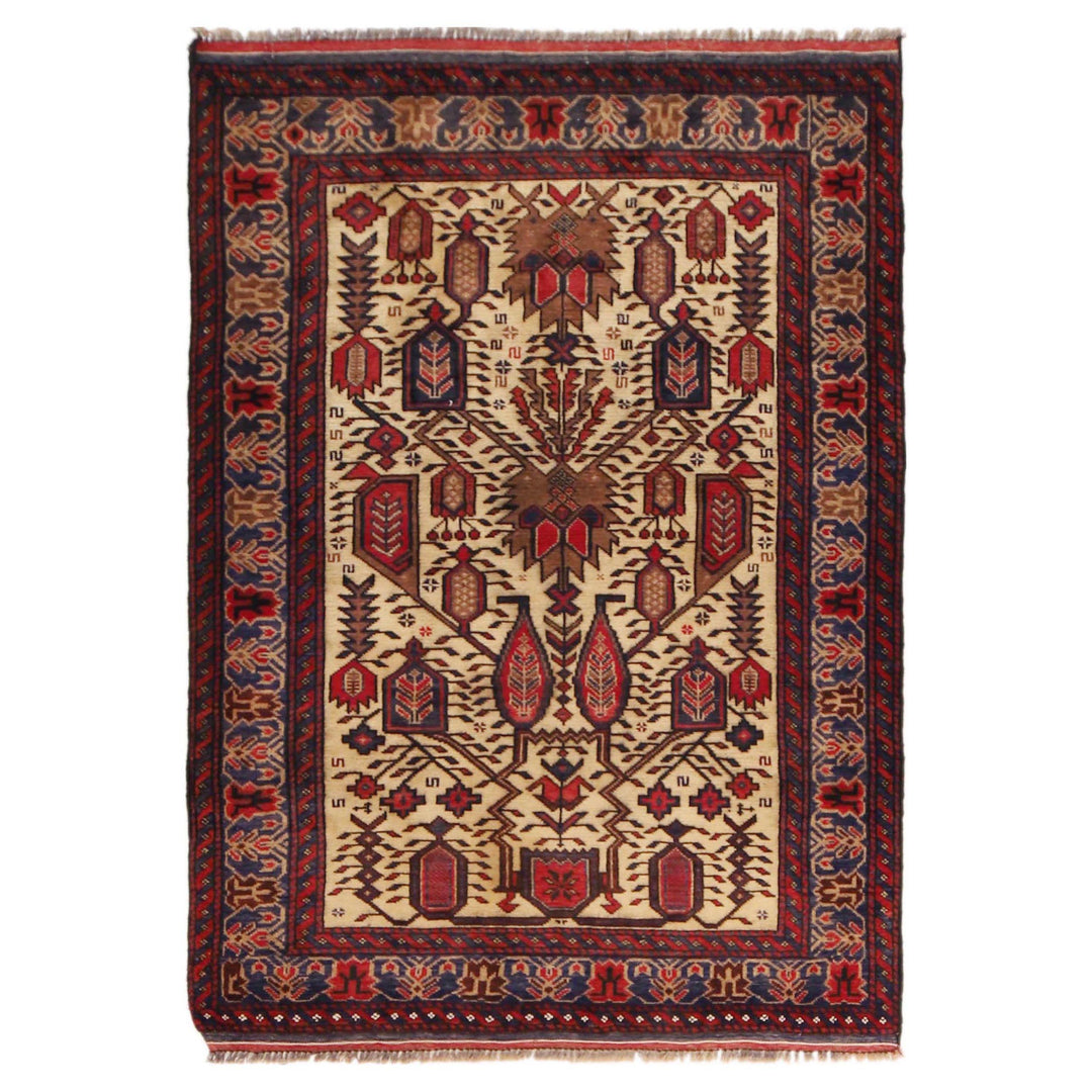 Afghan Baluchi Rug 3' 2" x 4' 7" Hand-Knotted