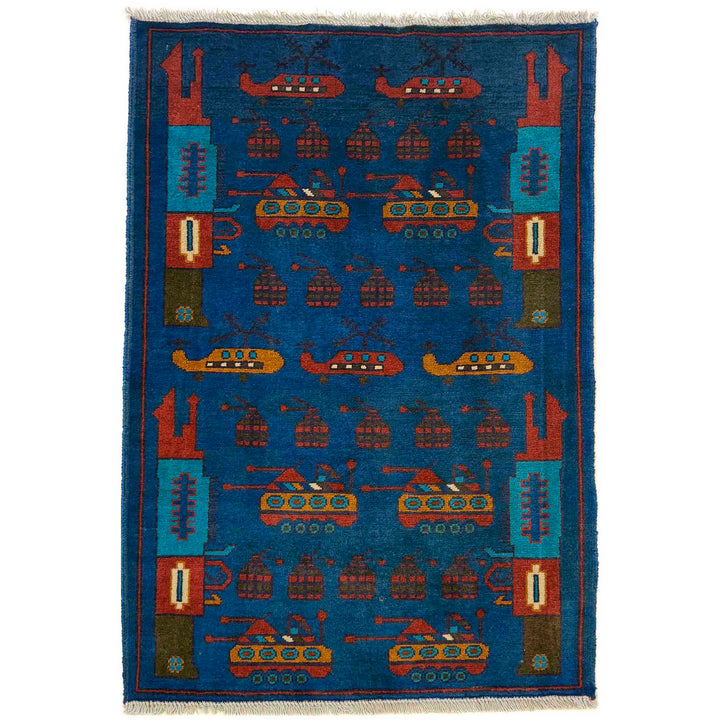 Blue Afghan War Rug 2' 9" x 4' 0" Hand-Knotted