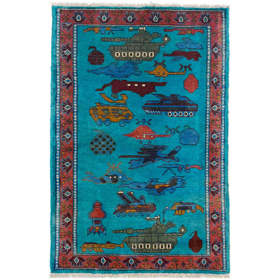 Blue Afghan War Carpet Rug 2' 7" x 4' 2" Hand-Knotted