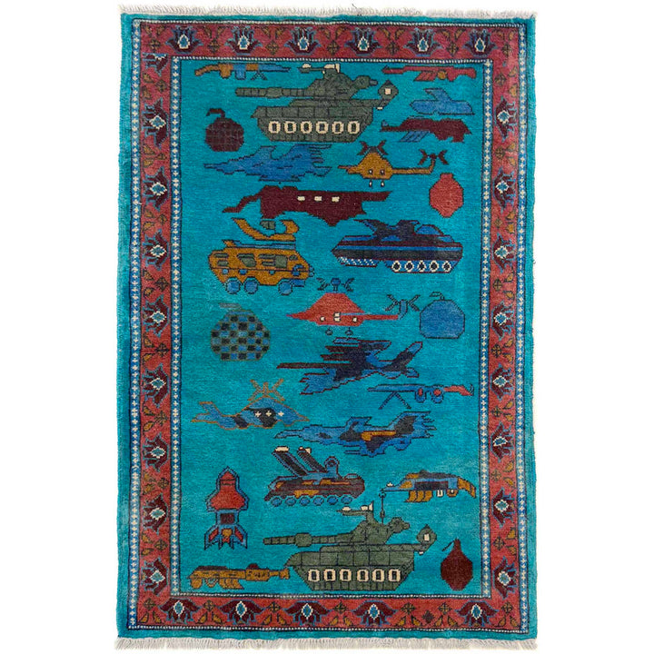 Blue Afghan War Carpet Rug 2' 7" x 4' 2" Hand-Knotted