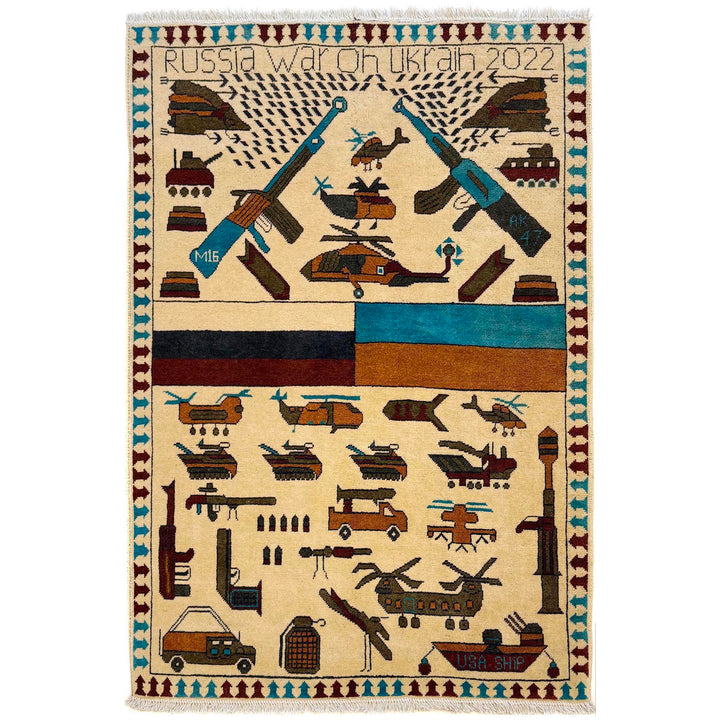 Beige Afghan War Carpet Rug 3' 5" x 4' 10" Hand-Knotted