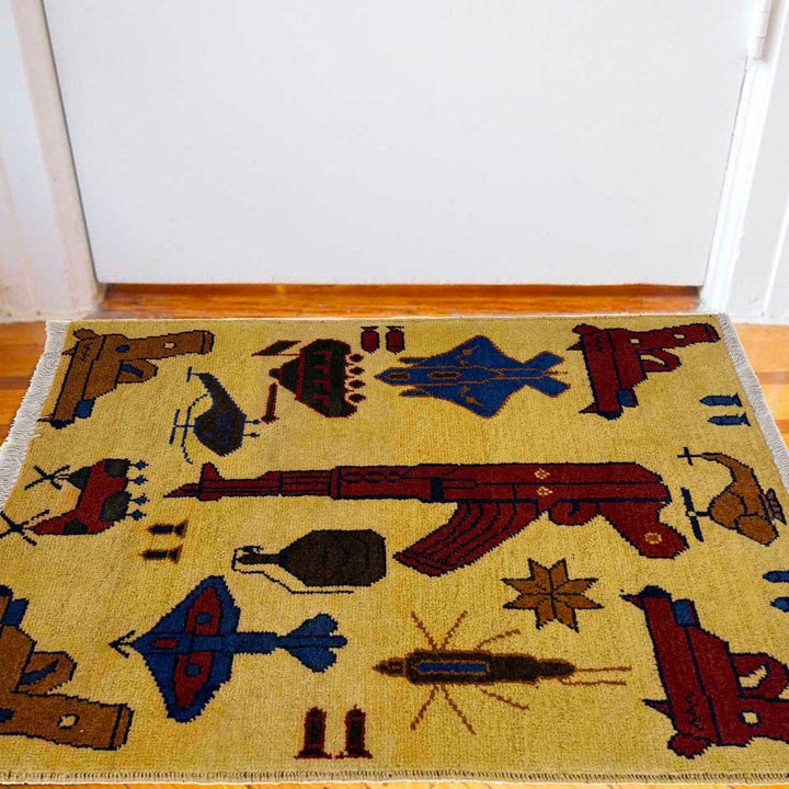 Yellow Afghan War Rug 1' 11" x 2' 10" Hand-Knotted view
