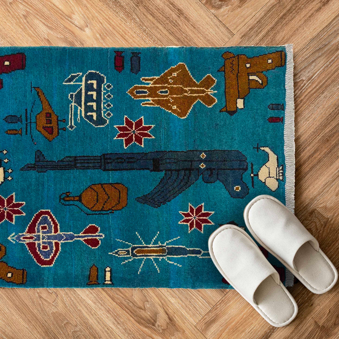 Blue Afghan War Rug 2' 1" x 2' 11" Hand-Knotted | No. AL37695