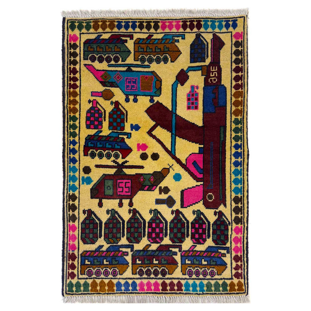 Yellow Afghan War Rug 1' 11" x 2' 11" Hand-Knotted