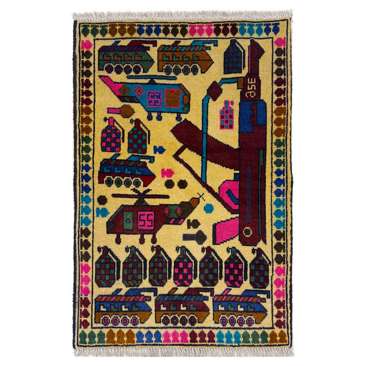 Yellow Afghan War Rug 1' 11" x 2' 11" Hand-Knotted