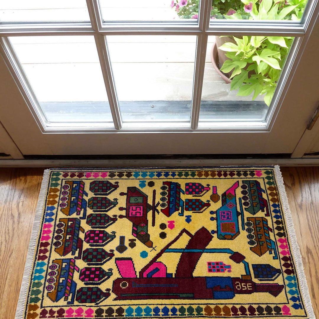 Yellow Afghan War Rug 1' 11" x 2' 11" Hand-Knotted view