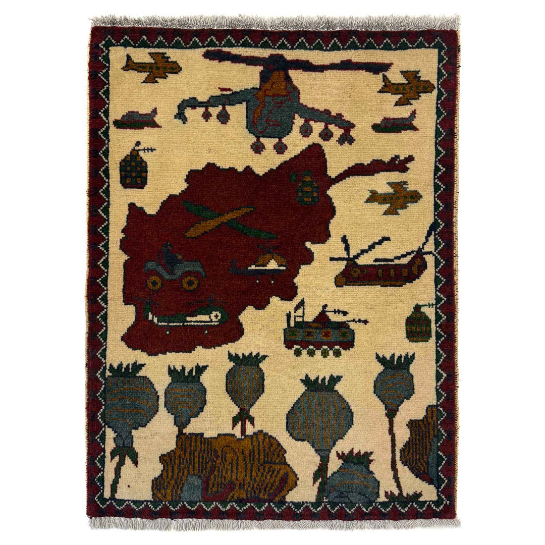 White Afghan Oriental Rug 2' 0" x 2' 9" Hand-Knotted