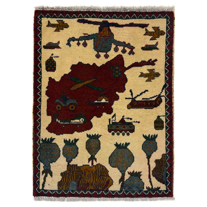 White Afghan Oriental Rug 2' 0" x 2' 9" Hand-Knotted