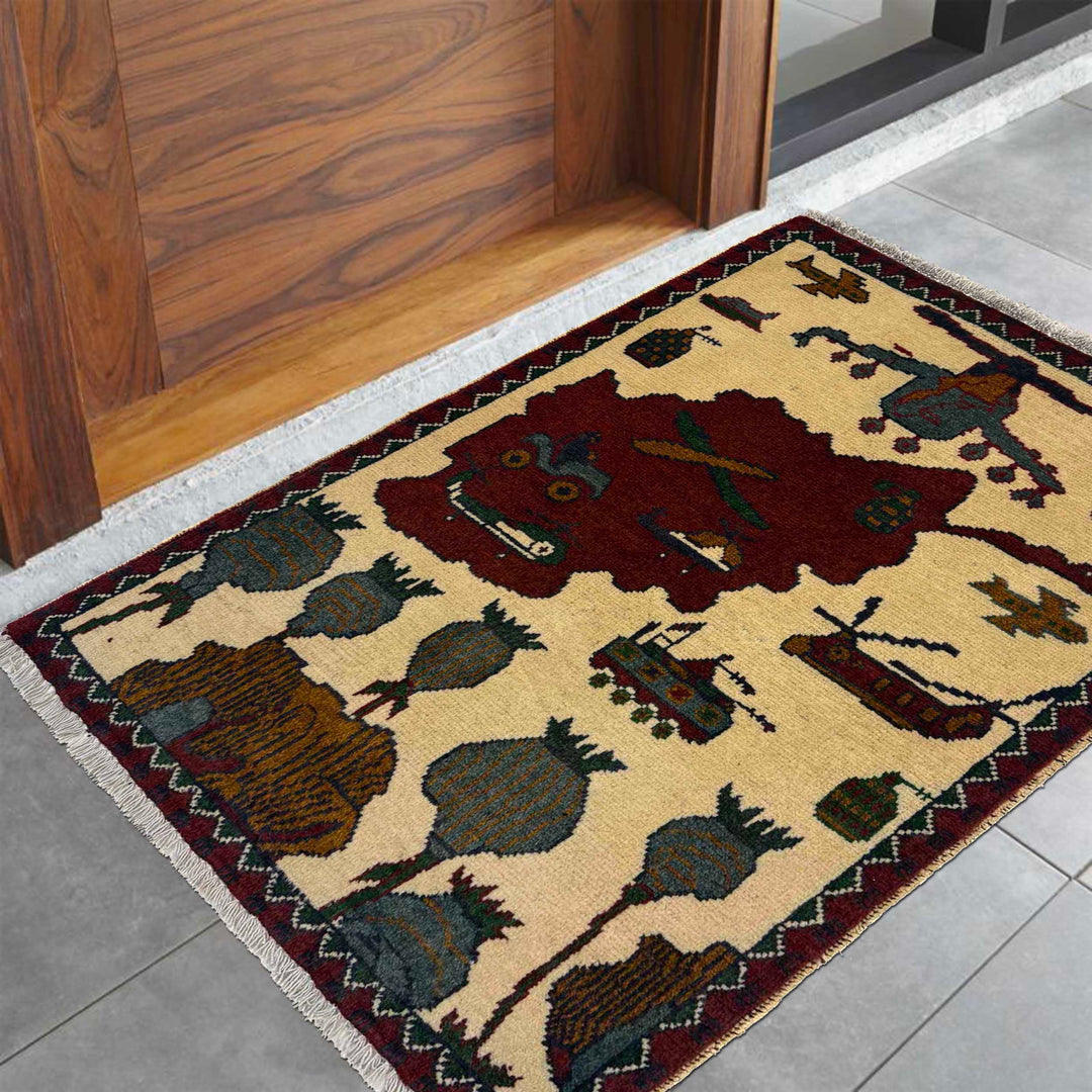 White Afghan Oriental Rug 2' 0" x 2' 9" Hand-Knotted view