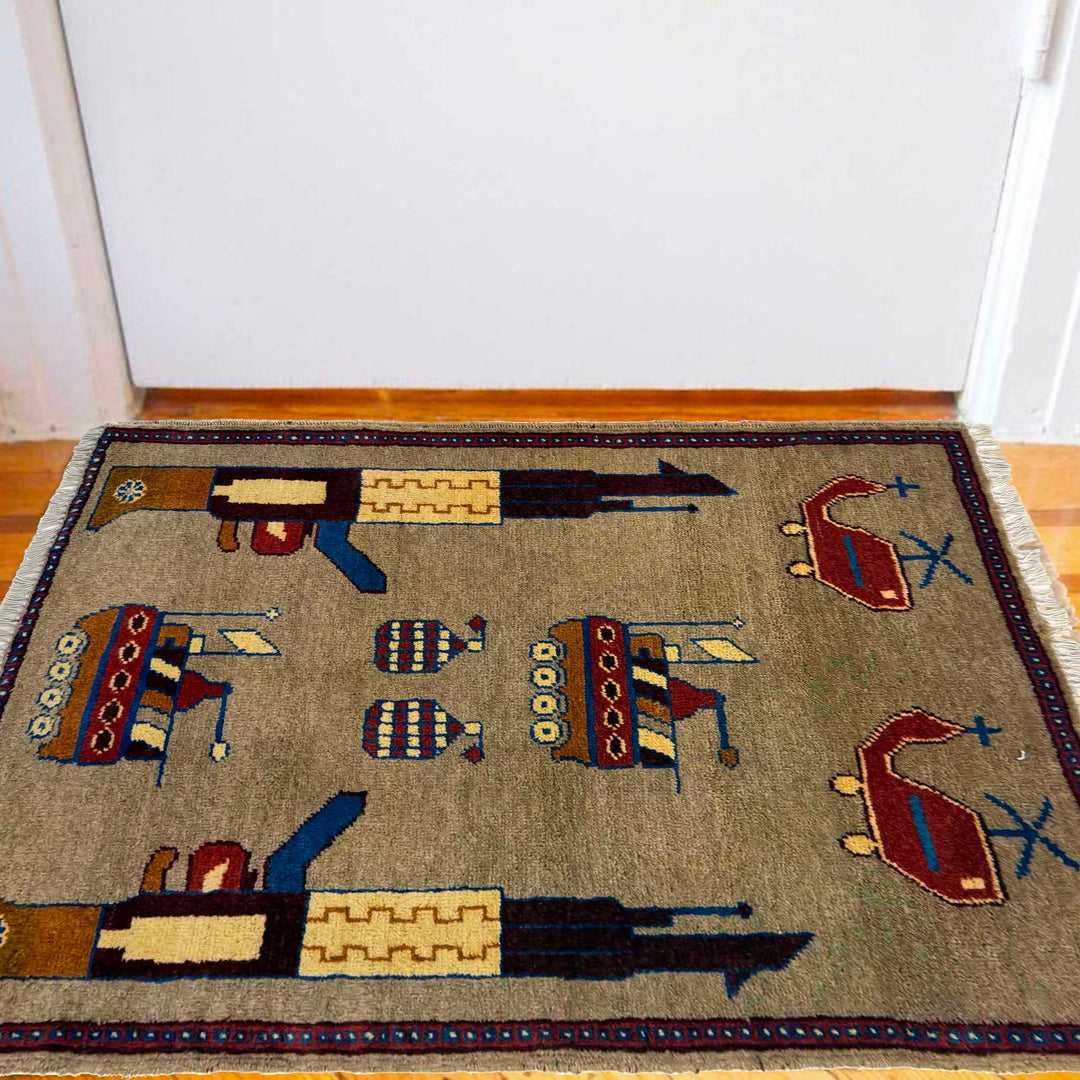 Brown Afghan War Rug 2' 1" x 2' 10" Hand-Knotted | No. AL55632