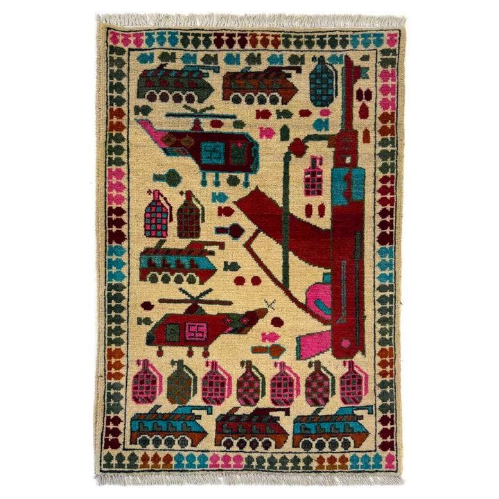 White Afghan War Carpet Rug 2' 0" x 2' 11" Hand-Knotted