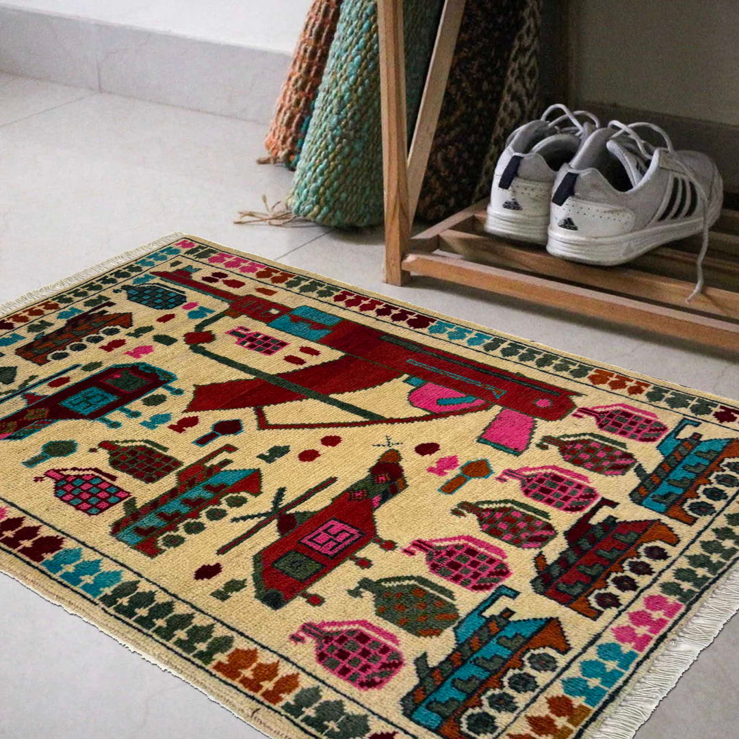 White Afghan War Carpet Rug 2' 0" x 2' 11" Hand-Knotted view