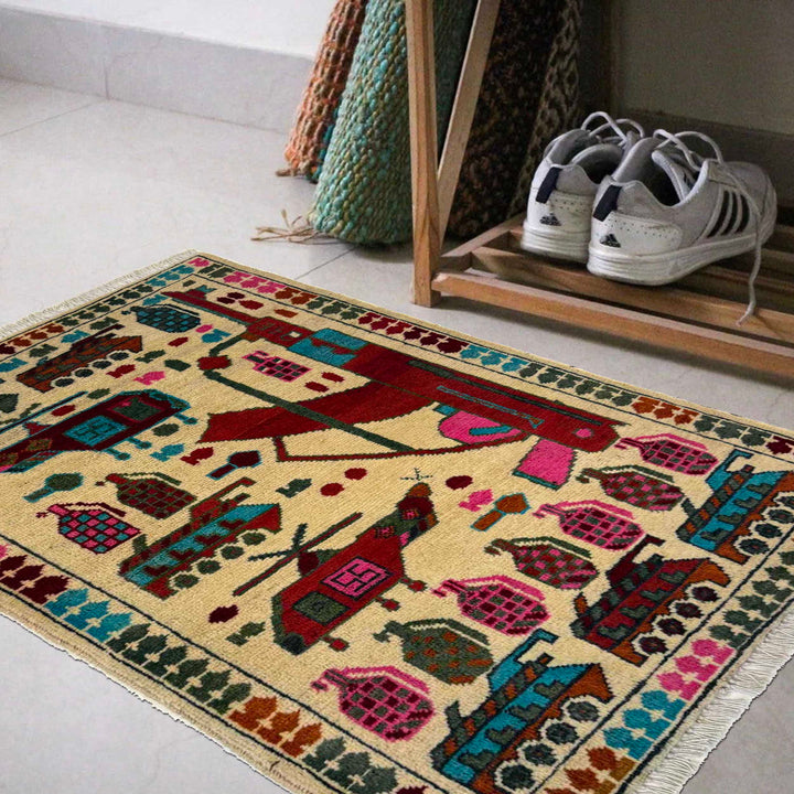 White Afghan War Carpet Rug 2' 0" x 2' 11" Hand-Knotted view