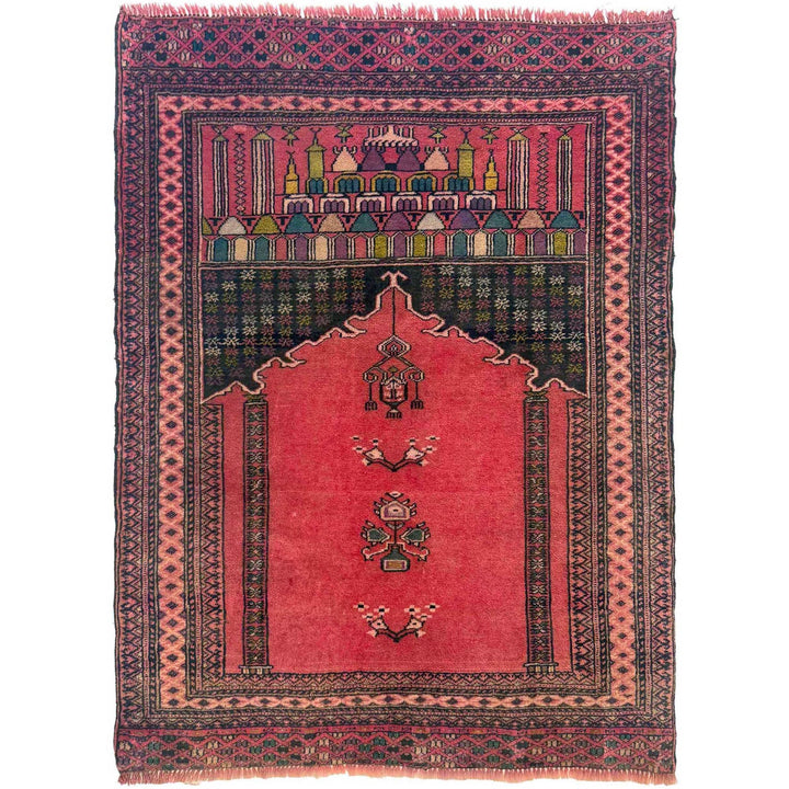 Red Afghan Prayer Rug 3' 3" x 3' 10" Hand-Knotted