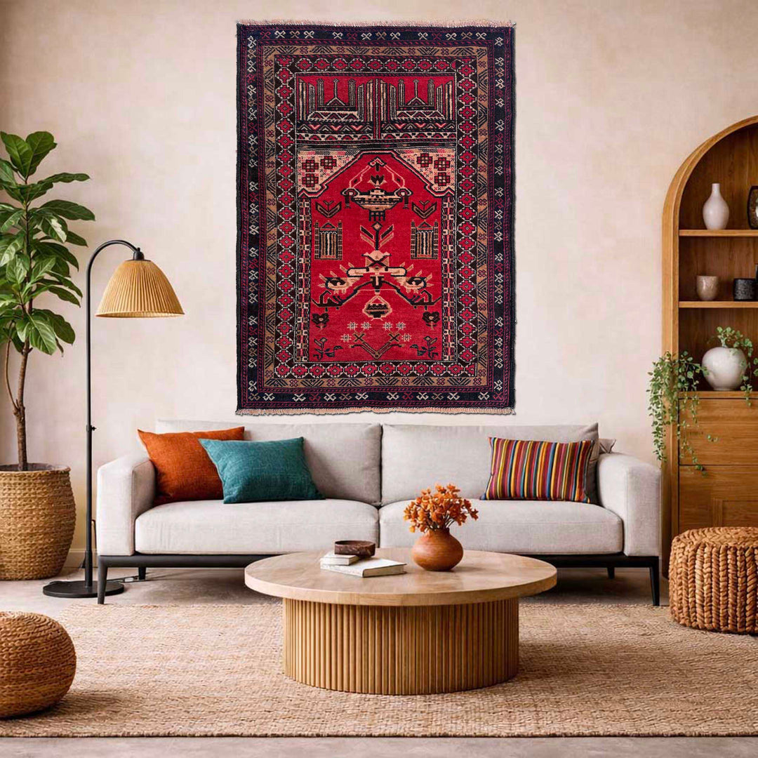 Red Afghan Tribal Rug 2' 11" x 4' 3" Hand-Knotted reverse