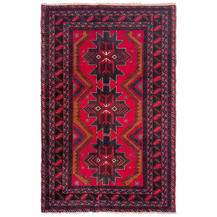 Red Afghan Baluchi Rug 3' 10" x 6' 5" Hand-Knotted | No. AL15737